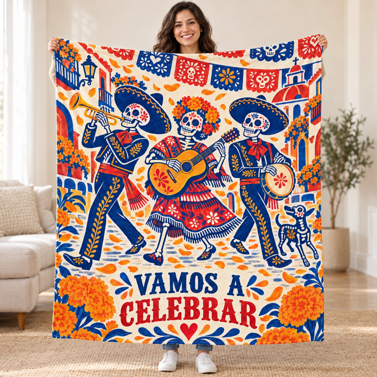 Vamos a Celebrar blanket, held open