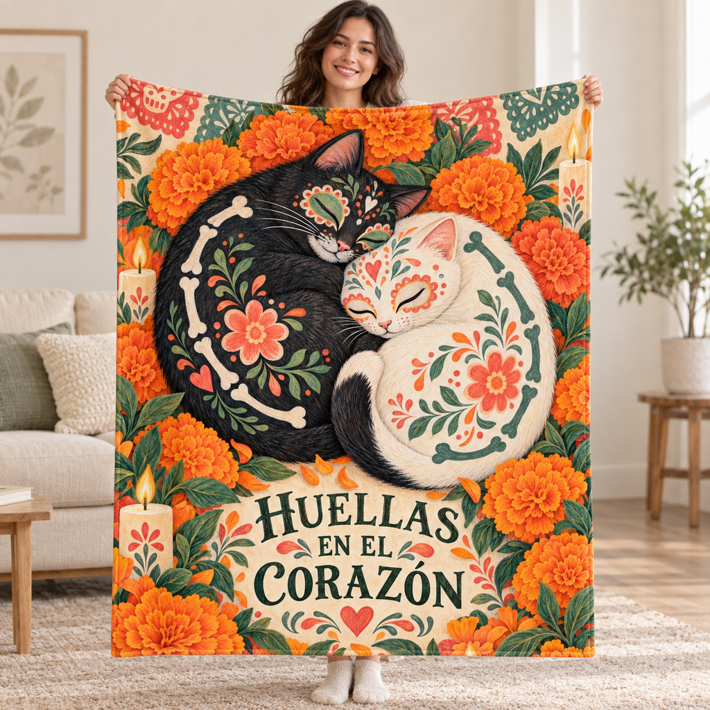 Huellas en el Corazón blanket, held open