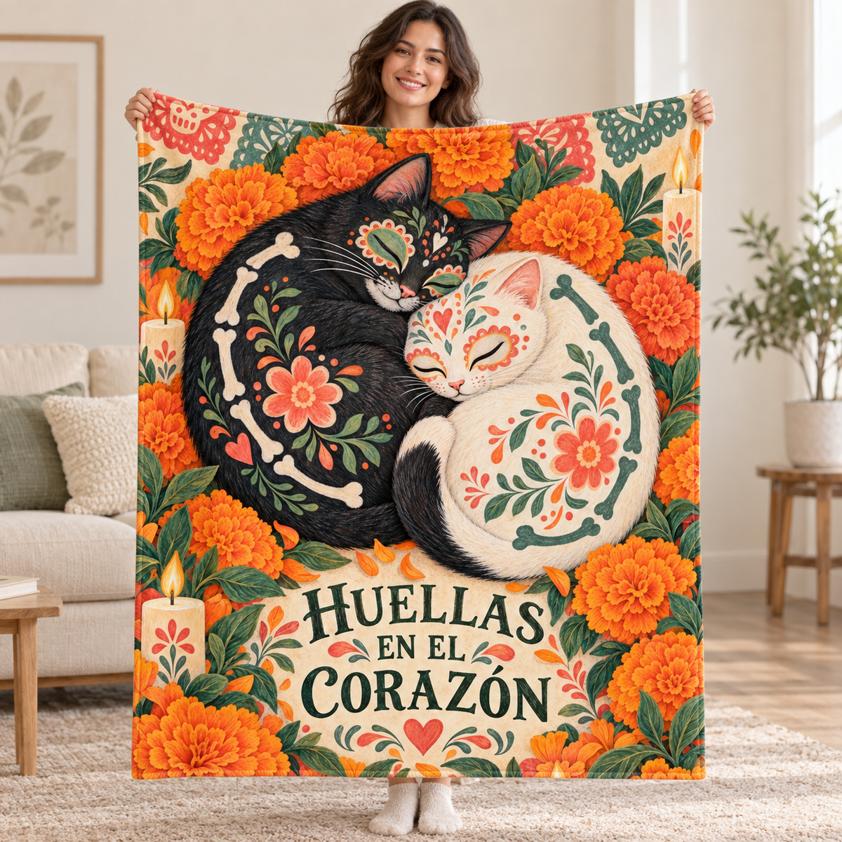 Huellas en el Corazón blanket, held open