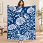 Blue Birds and Marigolds blanket, held open