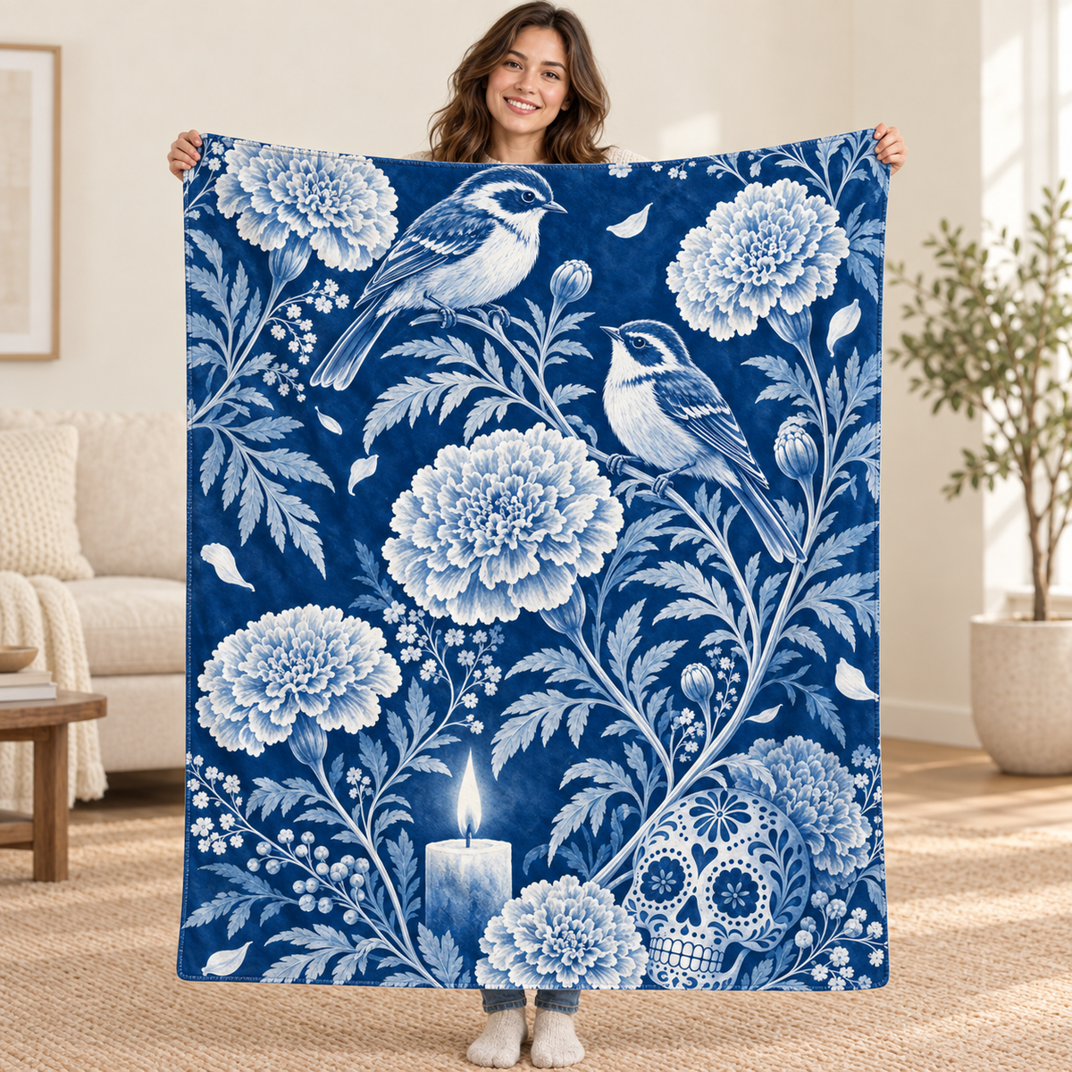 Blue Birds and Marigolds blanket, held open