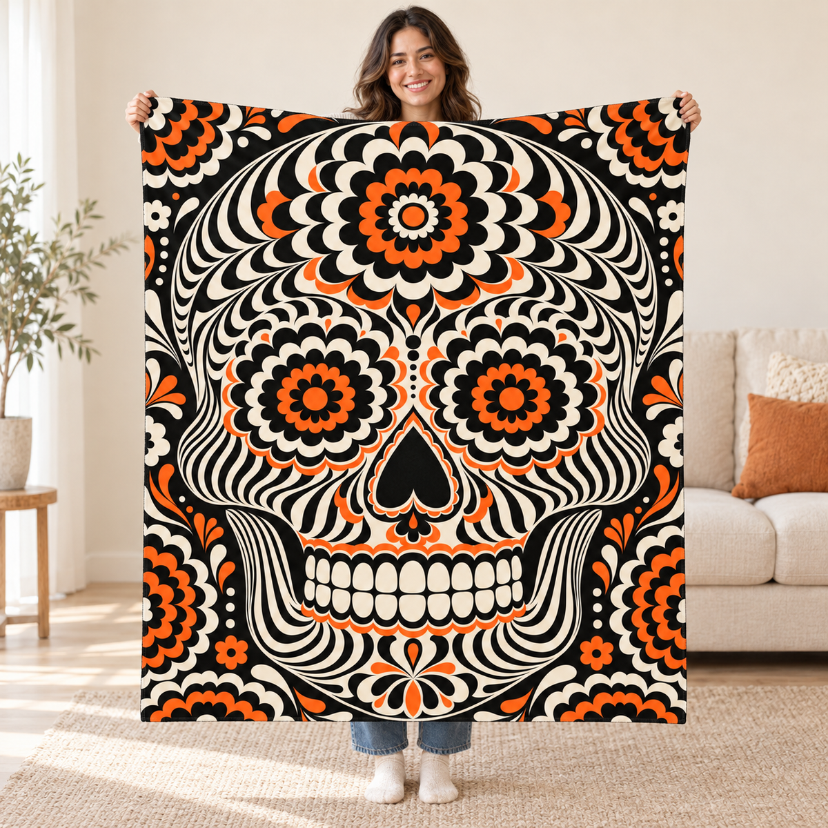 Op-Art Calavera blanket, held open