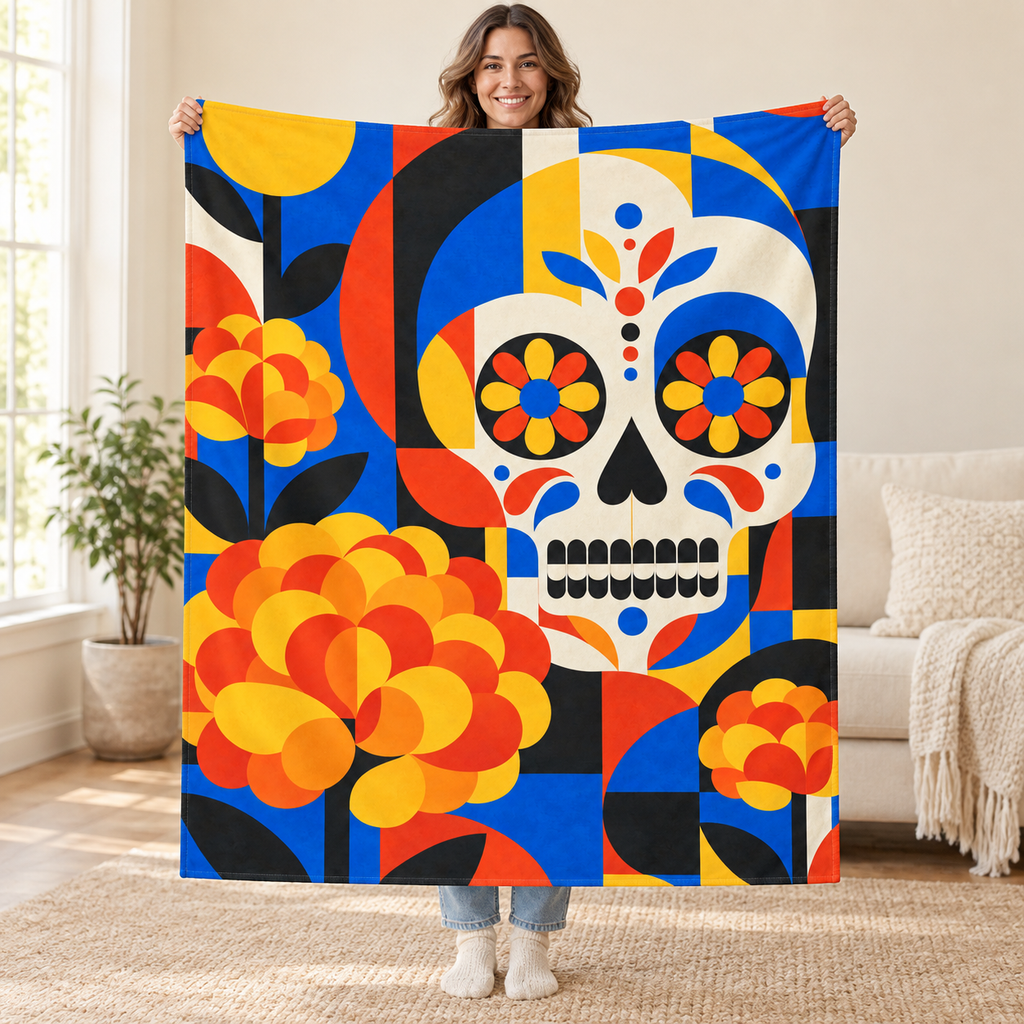 Bauhaus Calavera blanket, held open