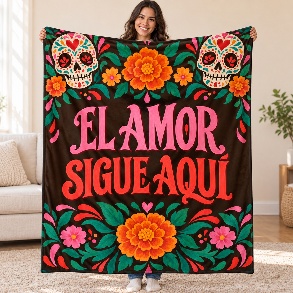 El Amor Sigue Aquí blanket, held open