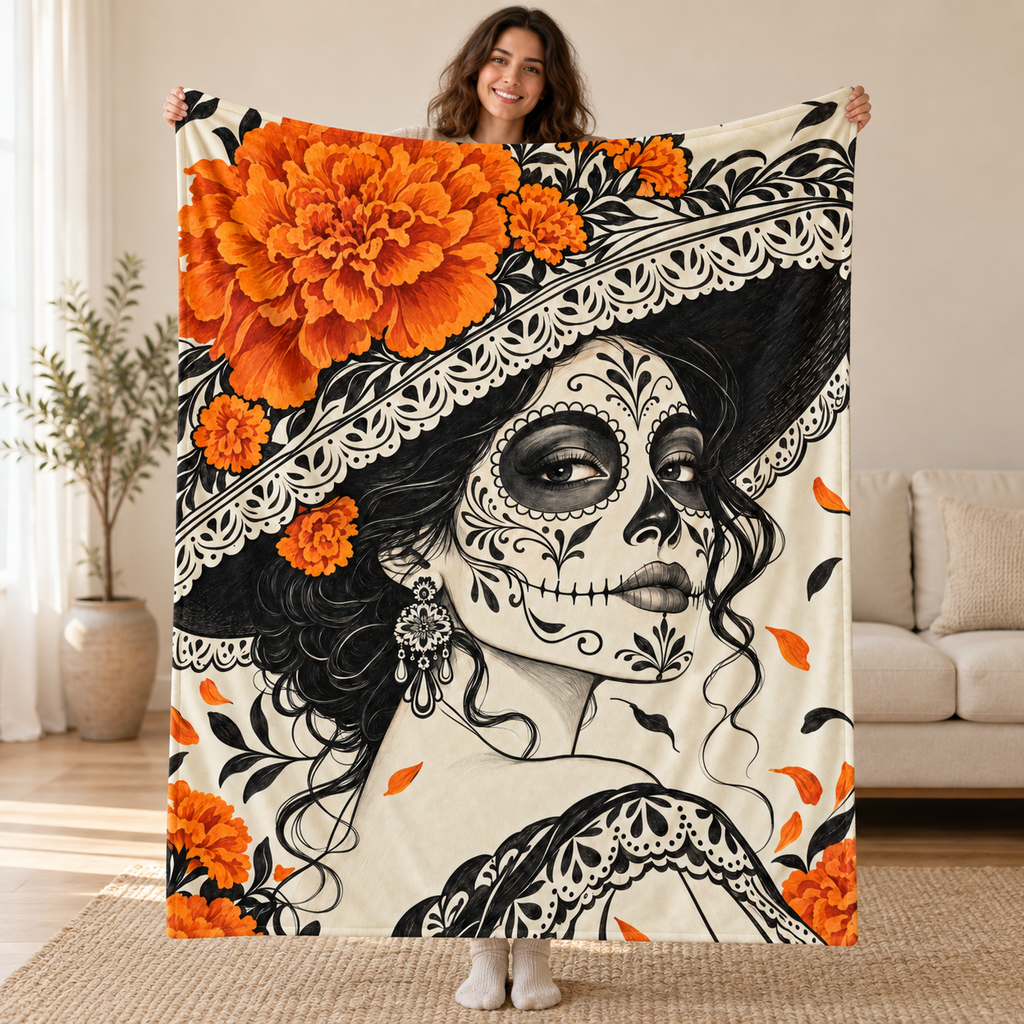 Catrina in Ink blanket, held open