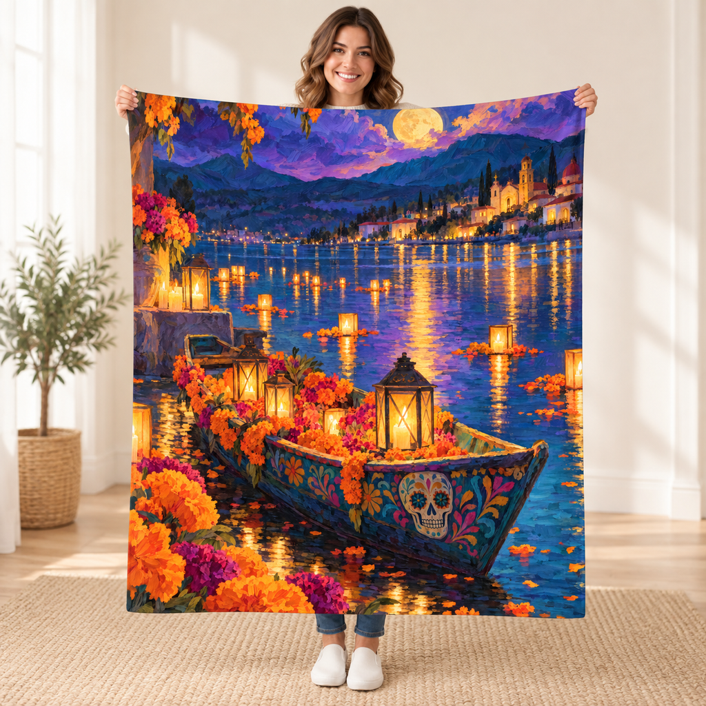Lantern Boat blanket, held open