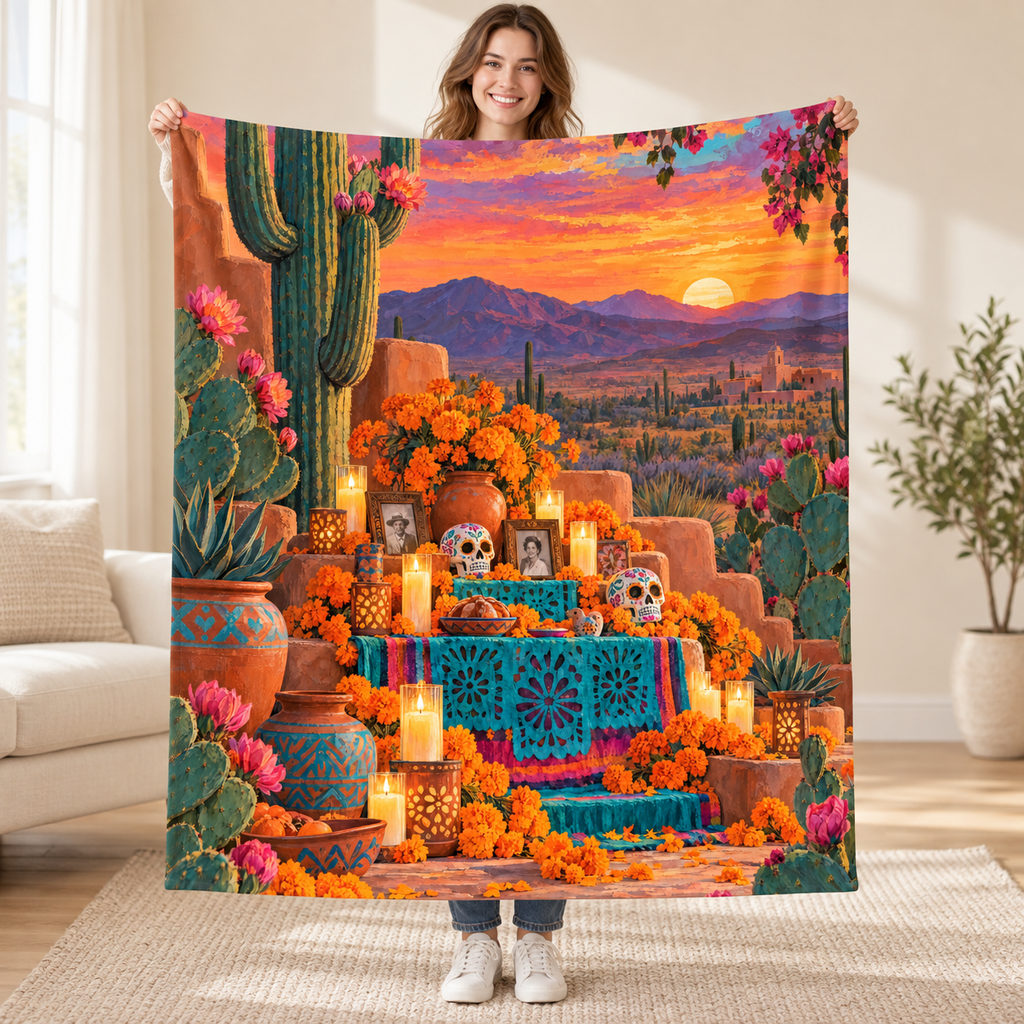 Desert Ofrenda blanket, held open