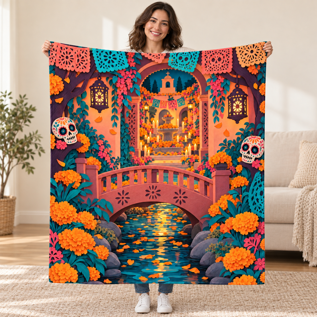 Papel Picado Bridge blanket, held open