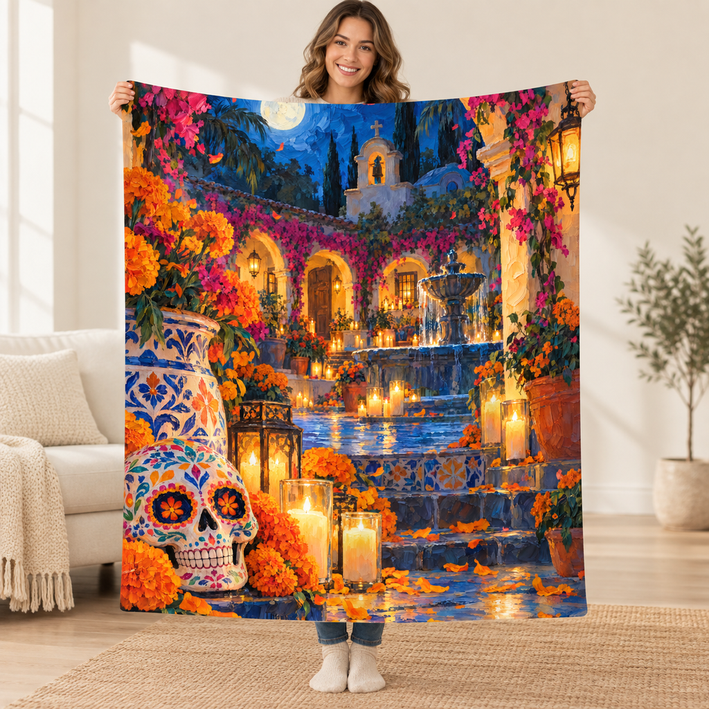 Courtyard Fountain blanket, held open