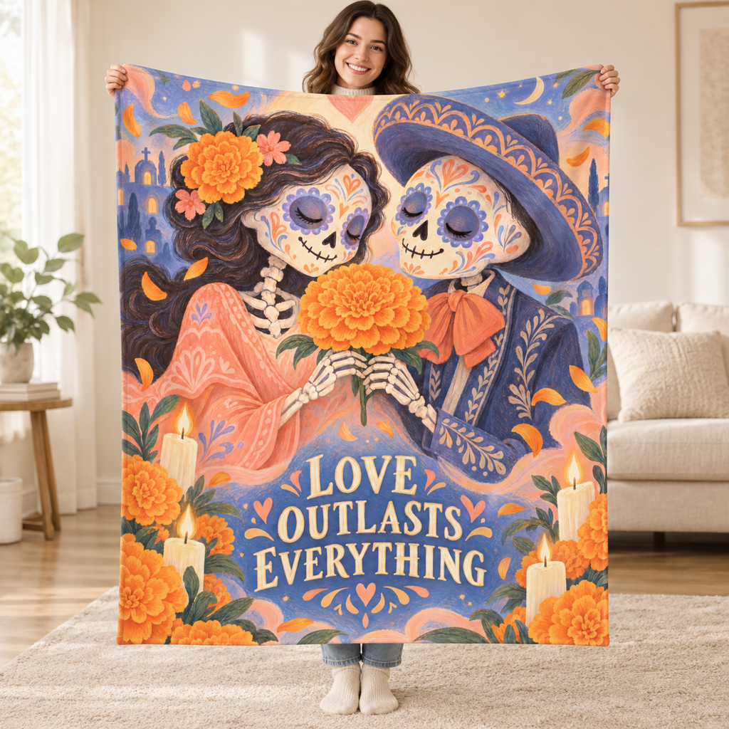 Love Outlasts Everything blanket, held open