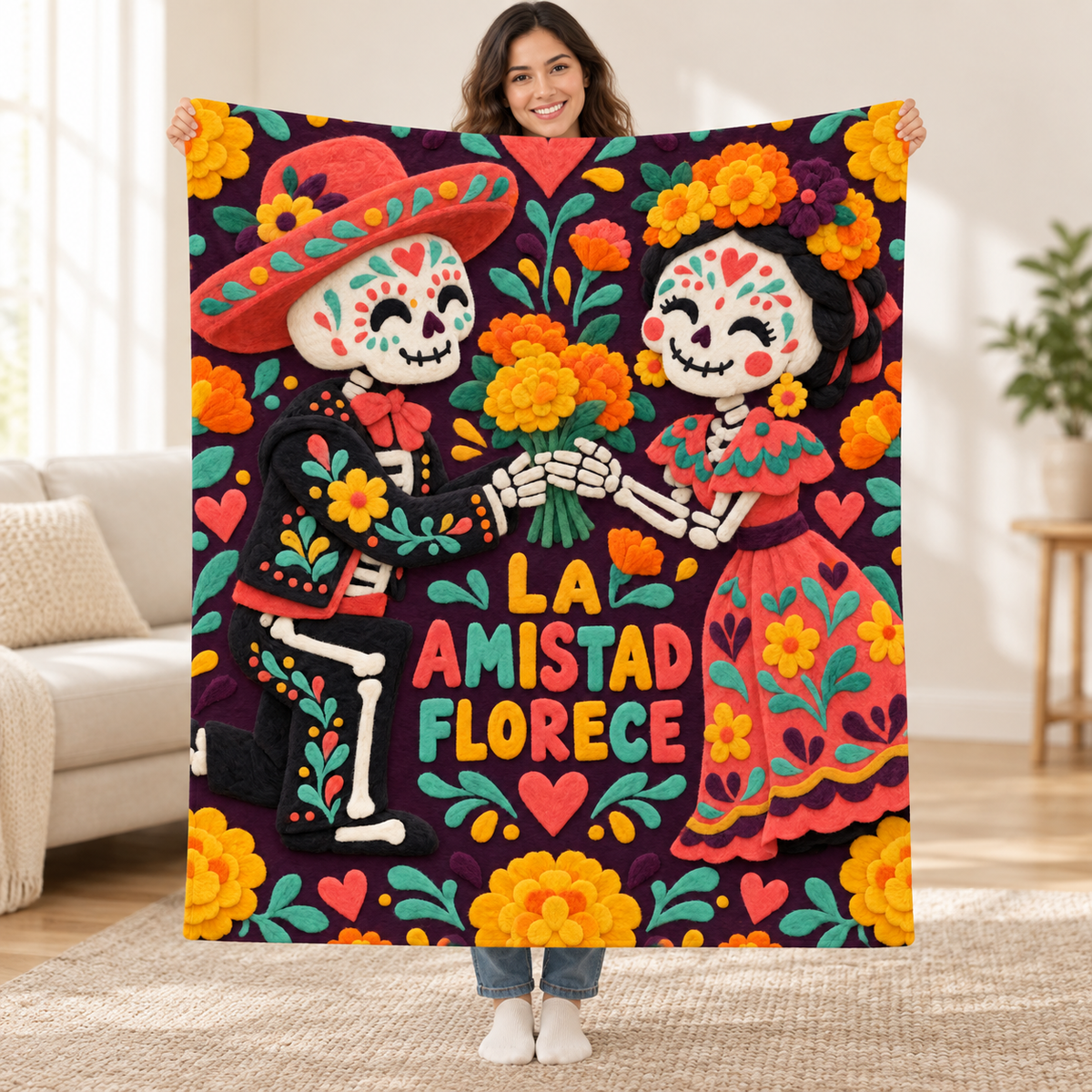 La Amistad Florece blanket, held open