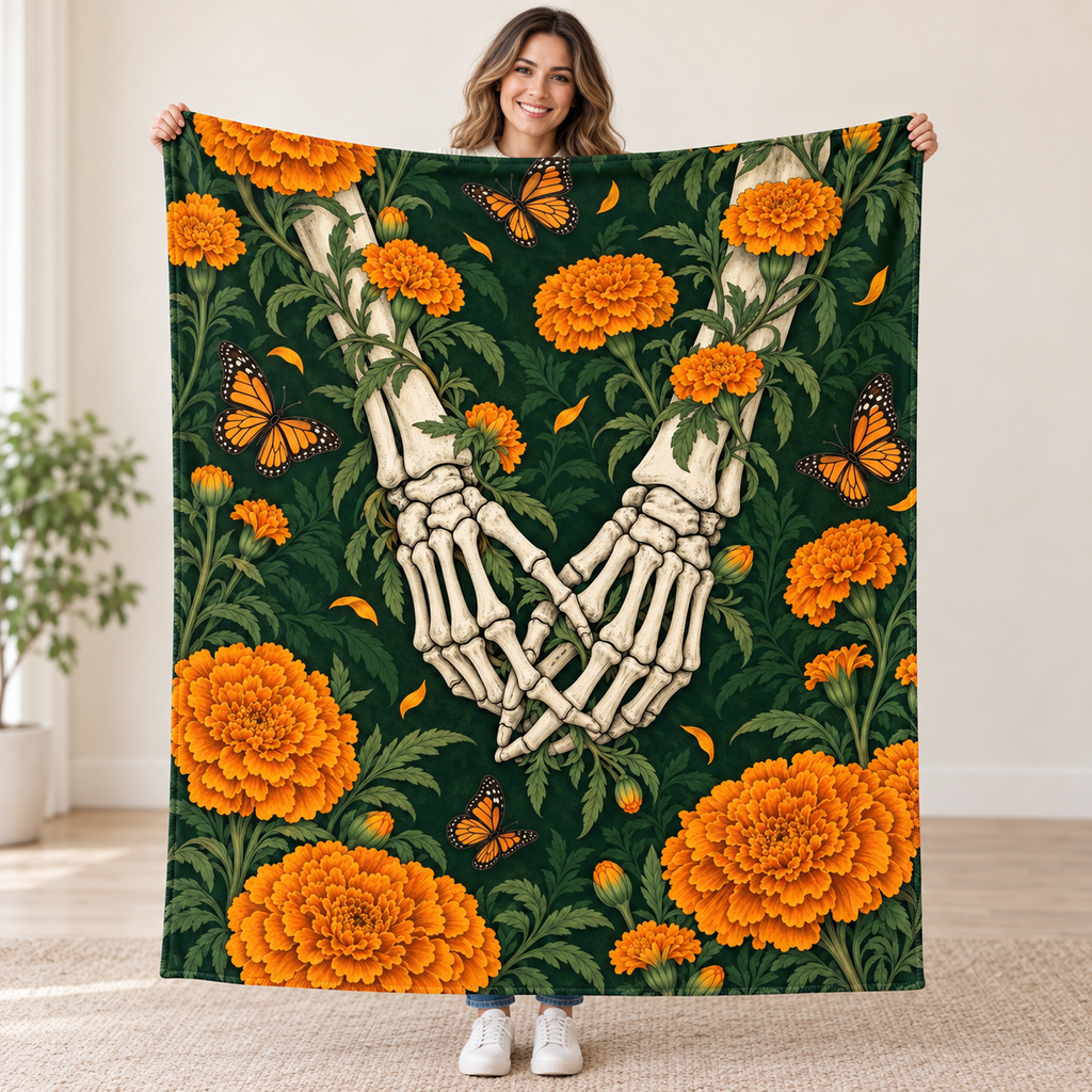 Hands Among Marigolds blanket, held open