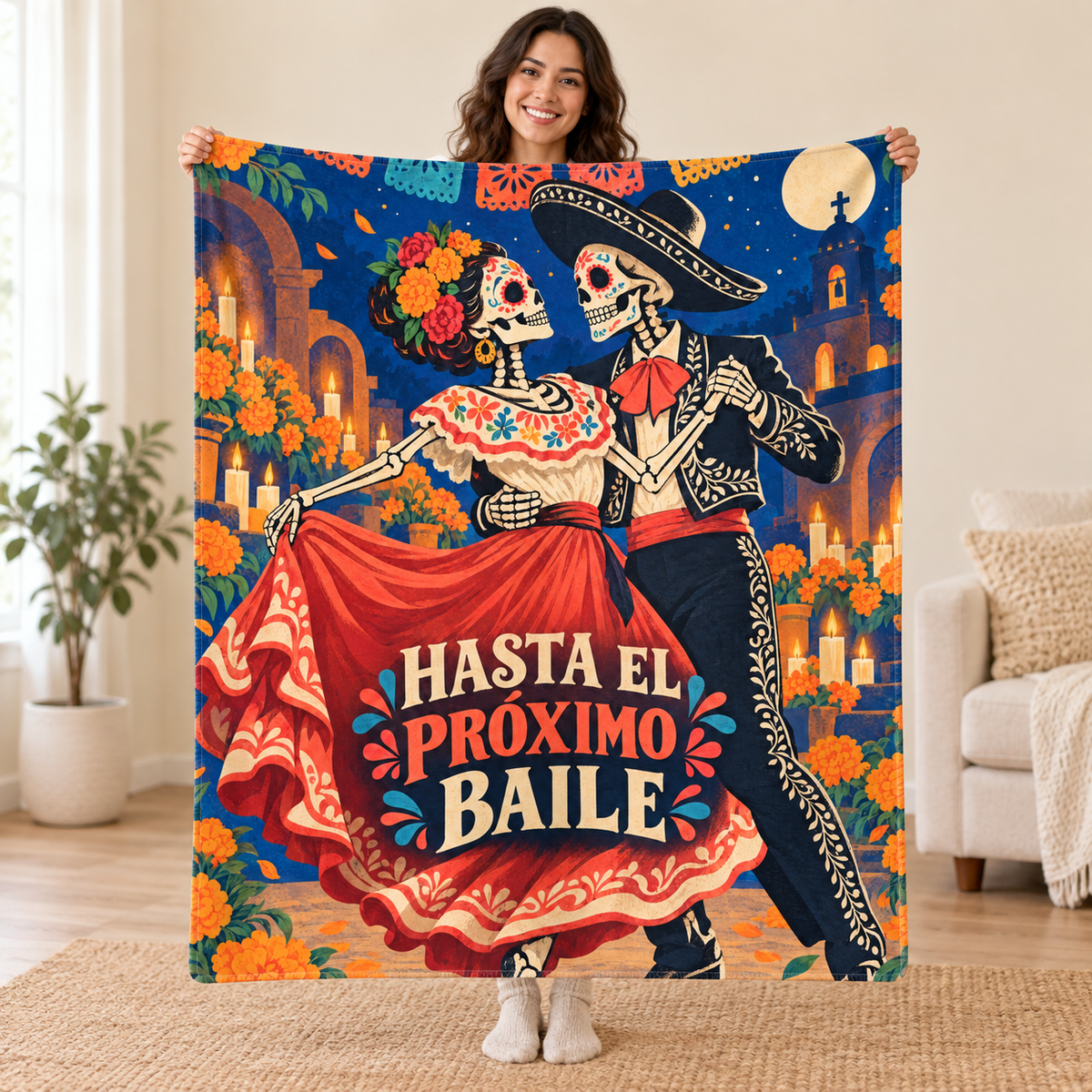 Hasta el Próximo Baile blanket, held open