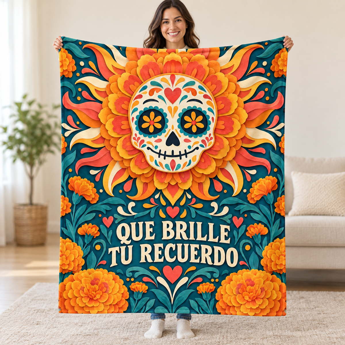 Que Brille Tu Recuerdo blanket, held open