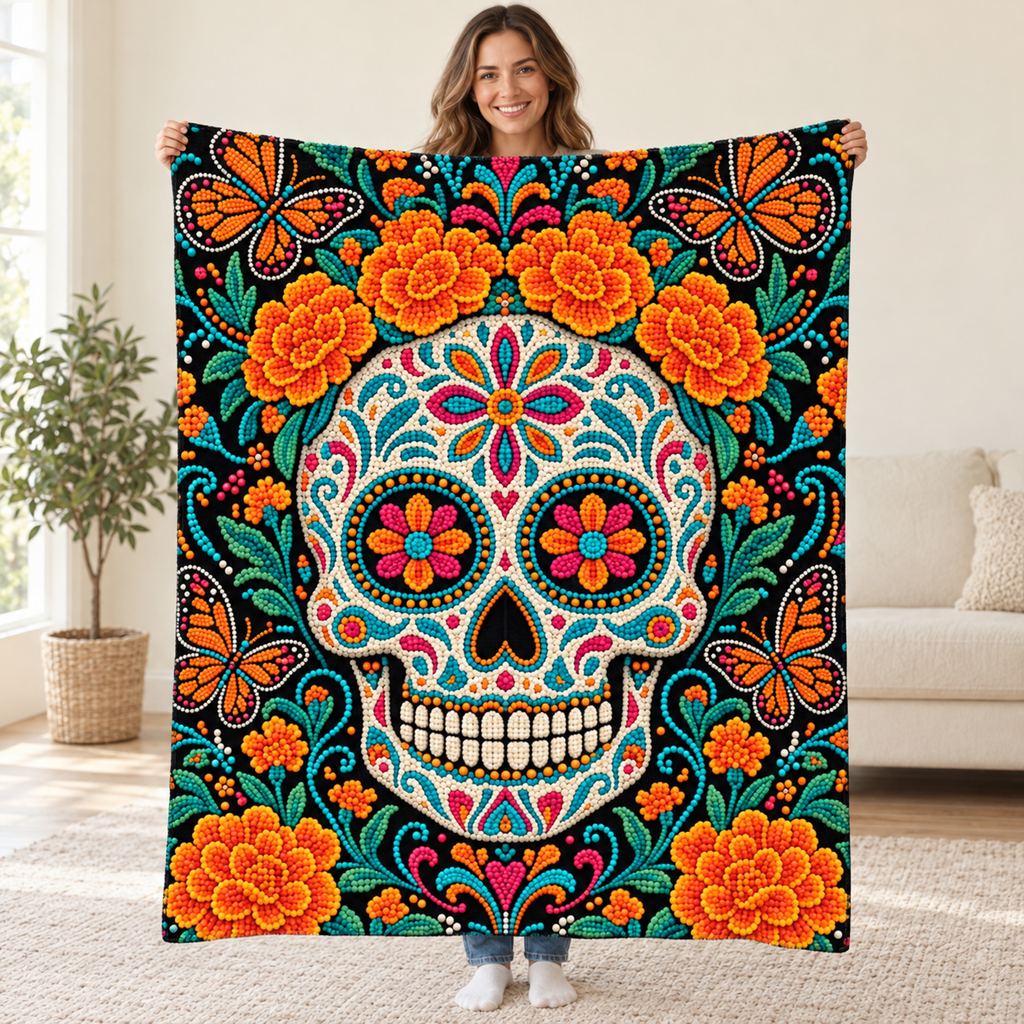 Beaded Calavera blanket, held open
