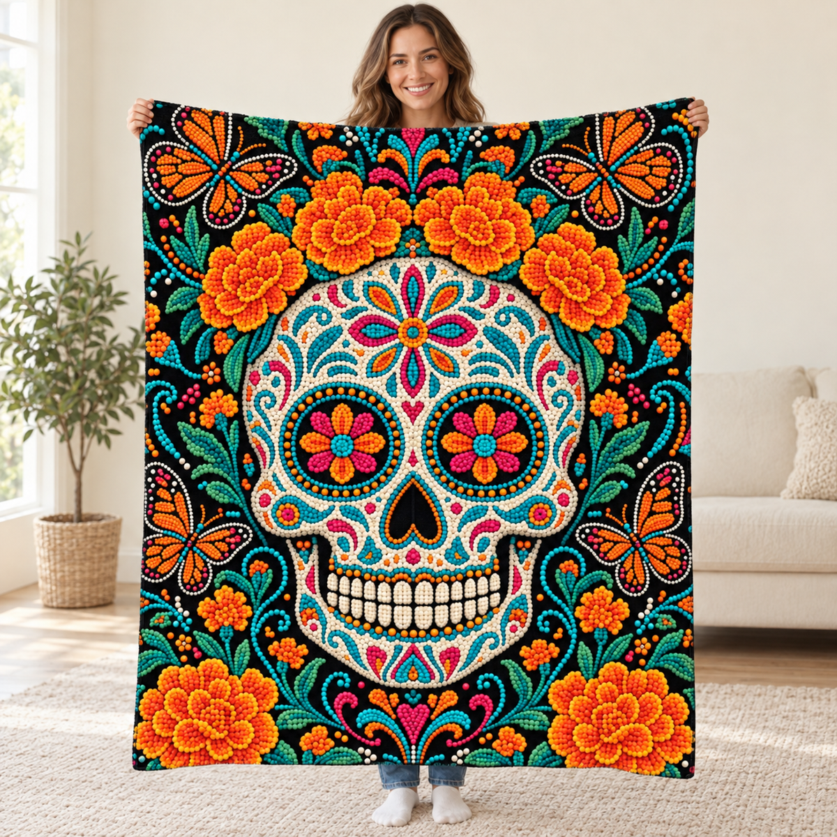 Beaded Calavera blanket, held open