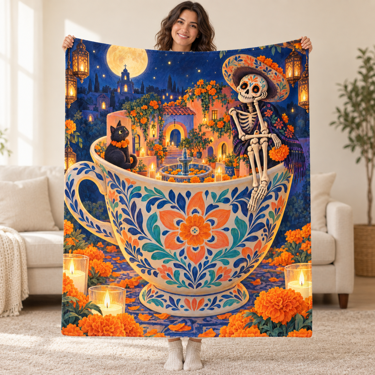 Teacup Plaza blanket, held open