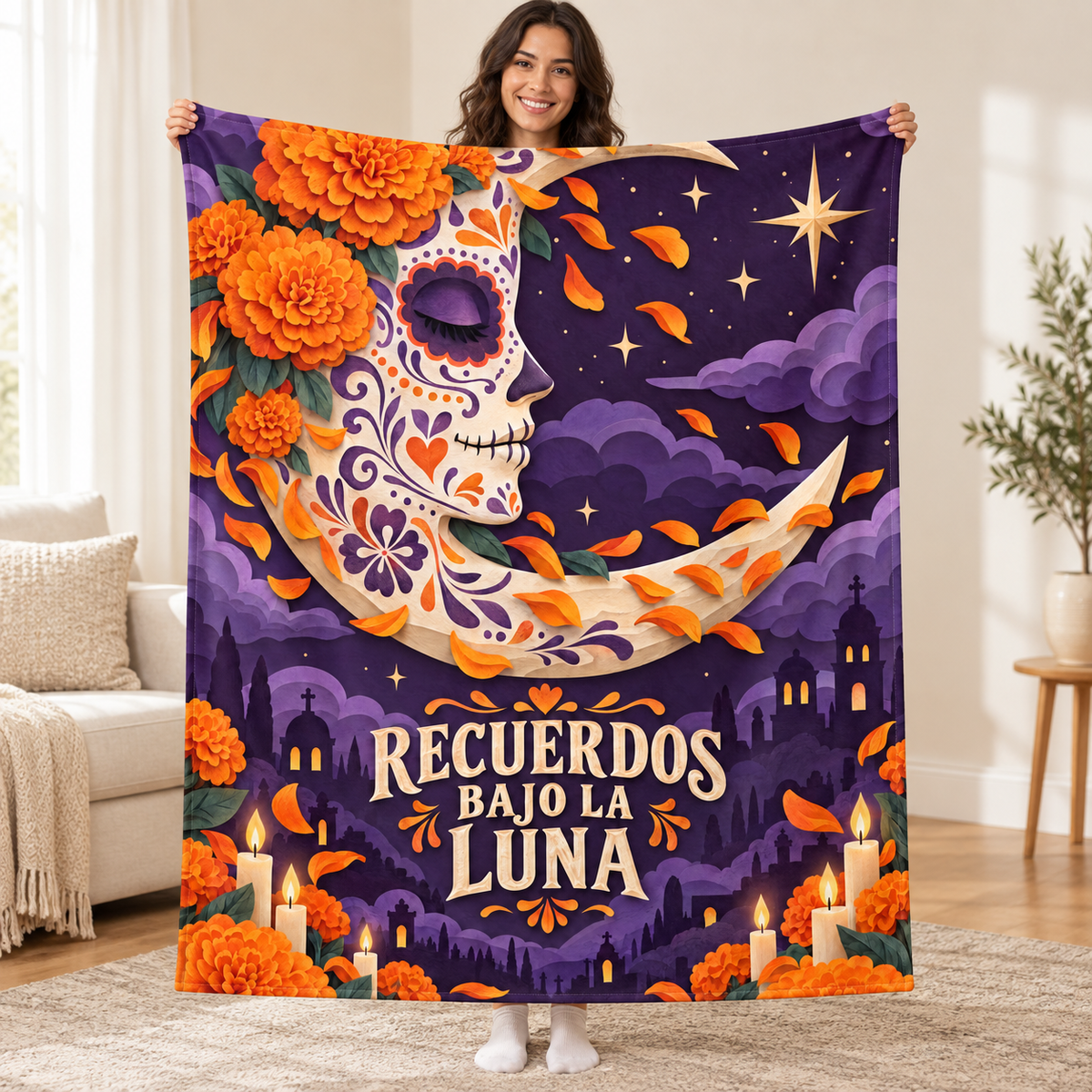 Recuerdos Bajo la Luna blanket, held open