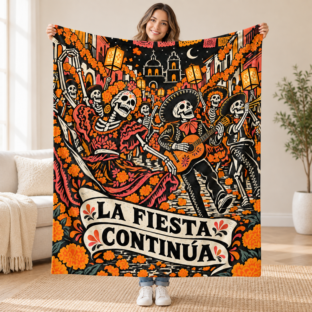 La Fiesta Continúa blanket, held open