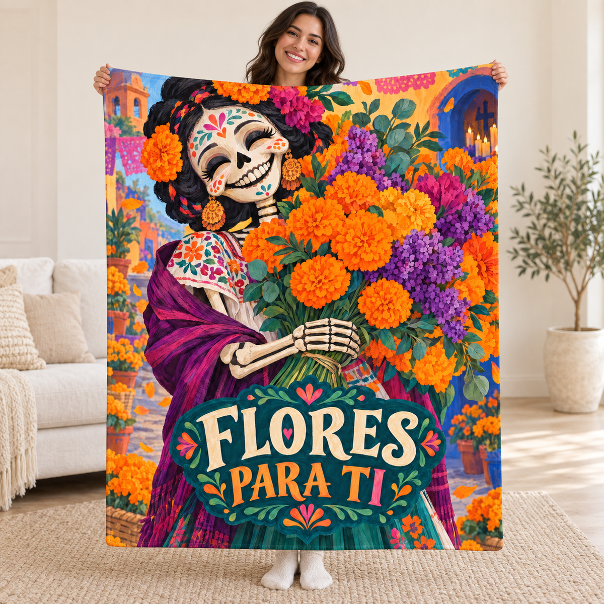 Flores para Ti blanket, held open