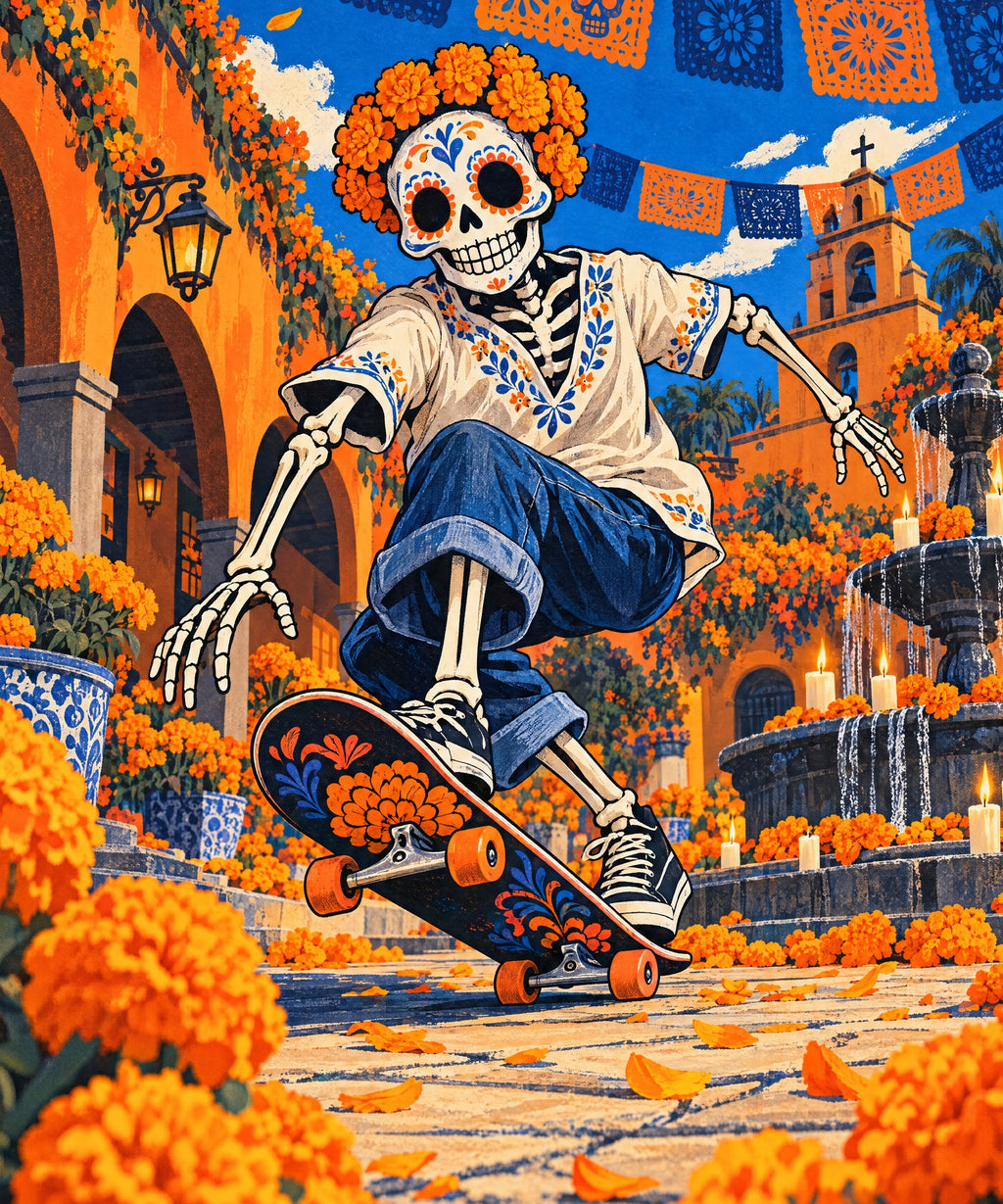 Skateboard Calavera blanket, full design