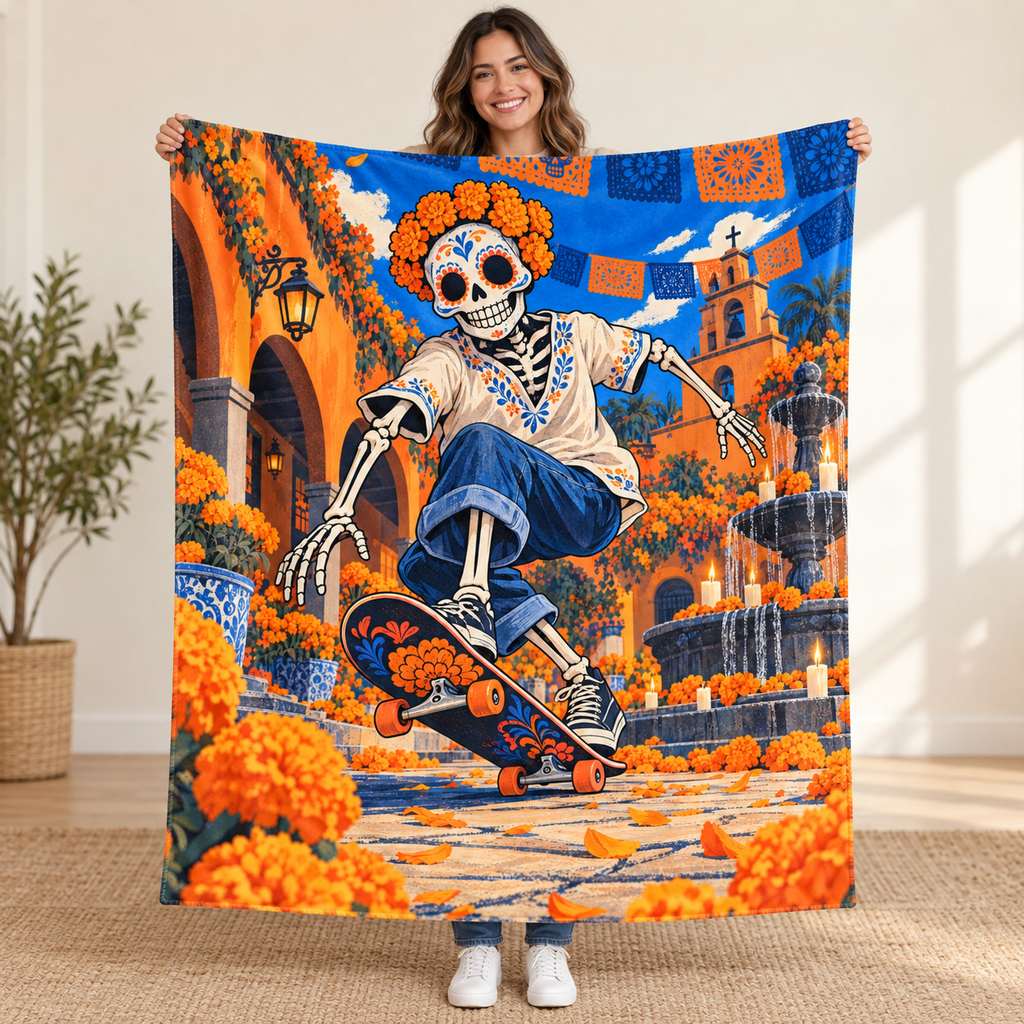 Skateboard Calavera blanket, held open