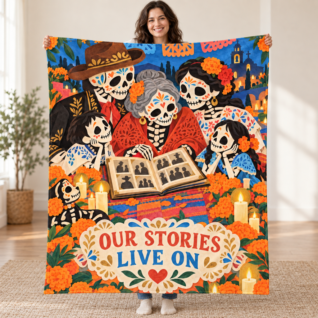 Our Stories Live On blanket, held open