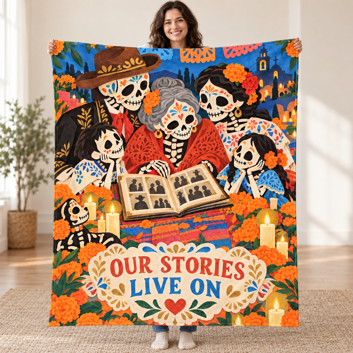 Our Stories Live On blanket, held open
