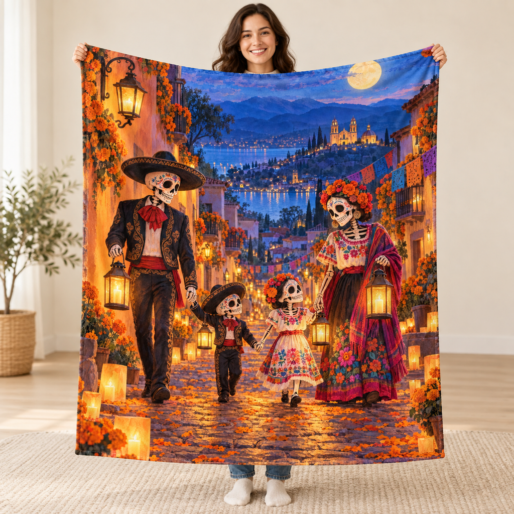 Lantern Walk blanket, held open
