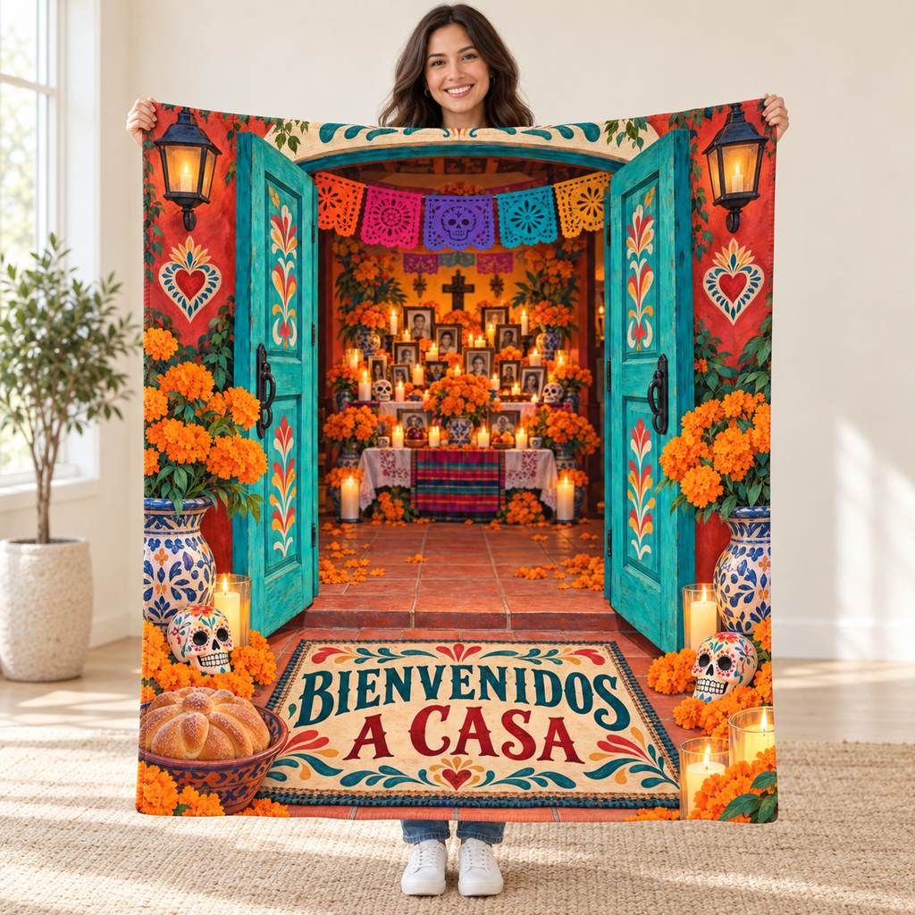 Bienvenidos a Casa blanket, held open