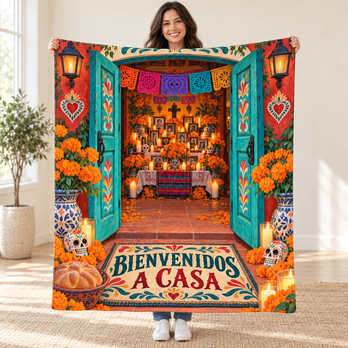 Bienvenidos a Casa blanket, held open