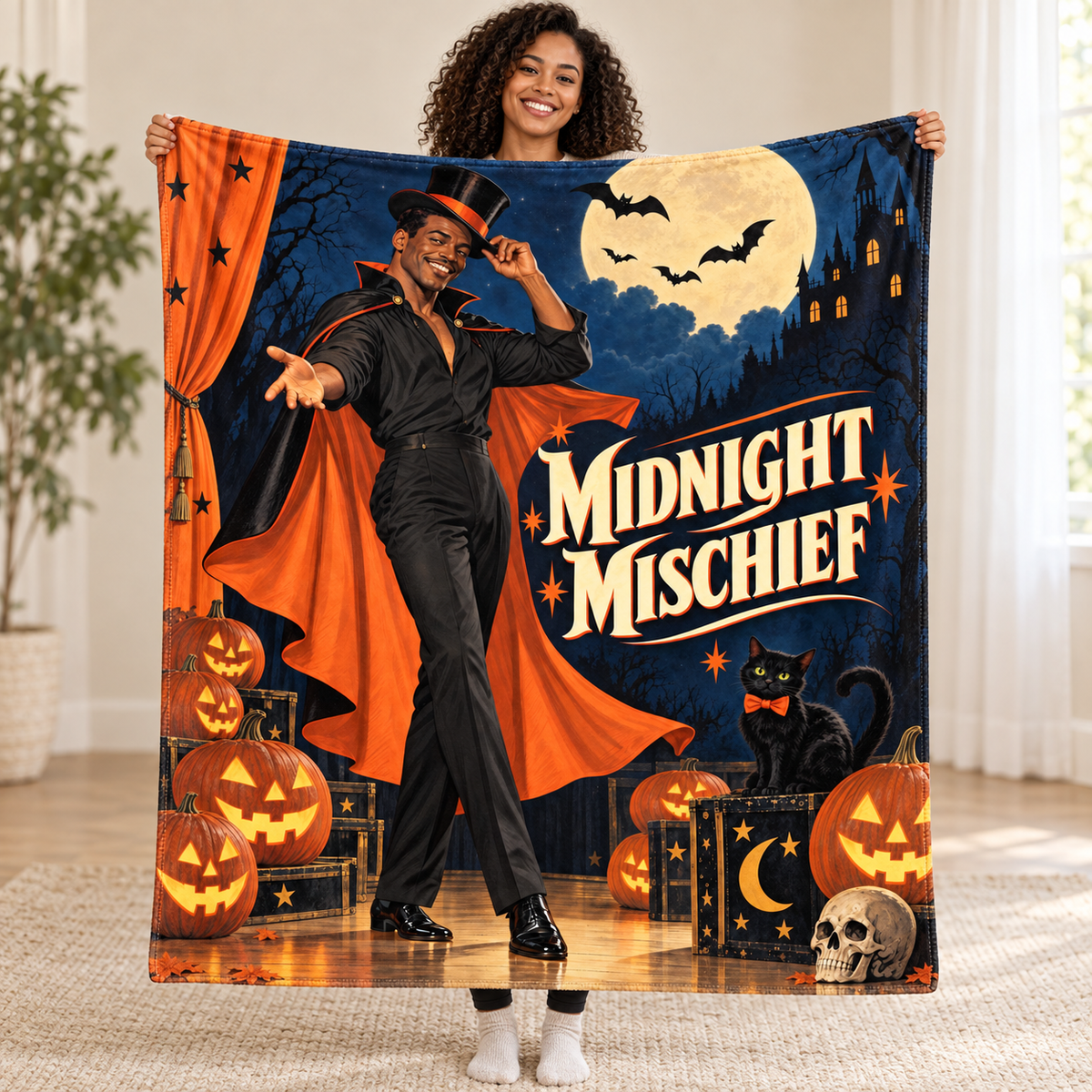 Midnight Mischief blanket, held open