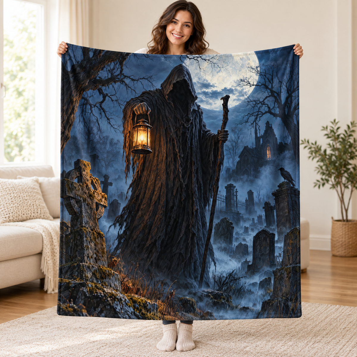 Graveyard Keeper blanket, held open