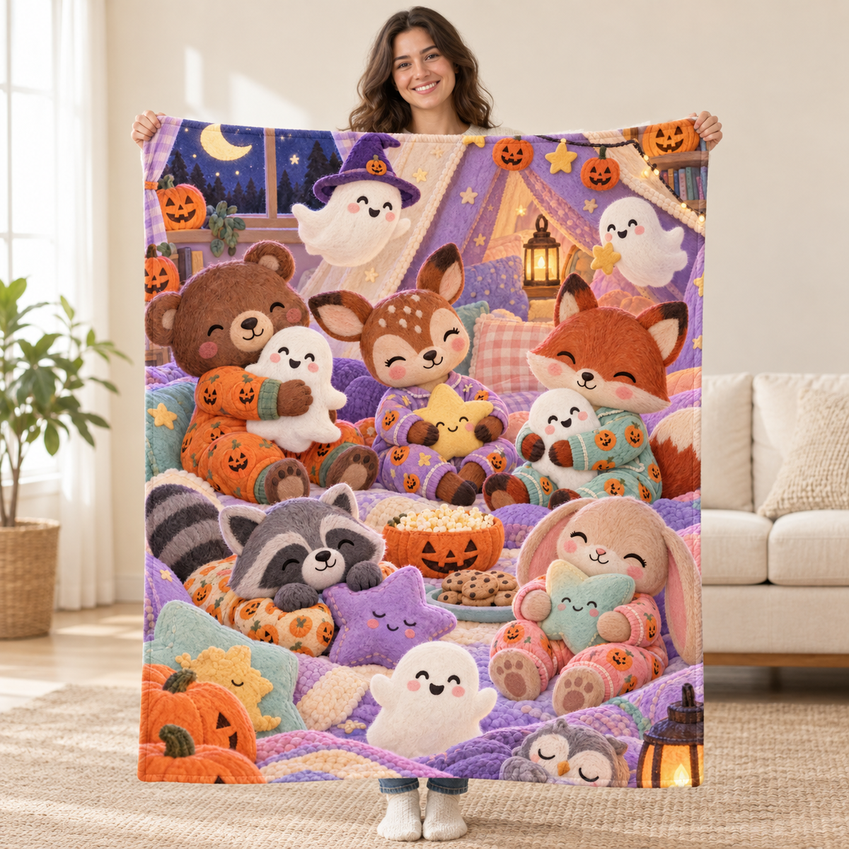 Pumpkin Pajamas blanket, held open