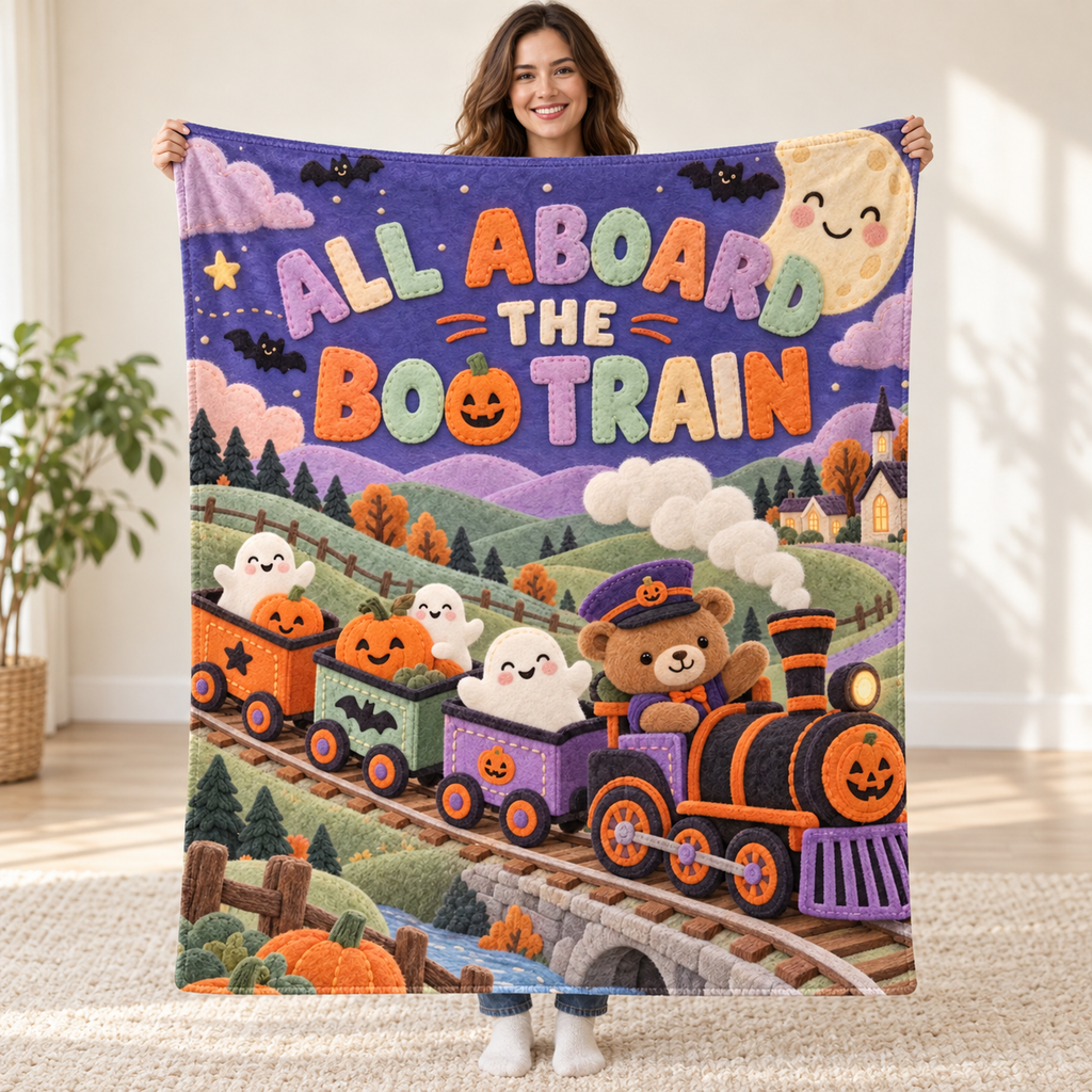 Boo Train blanket, held open