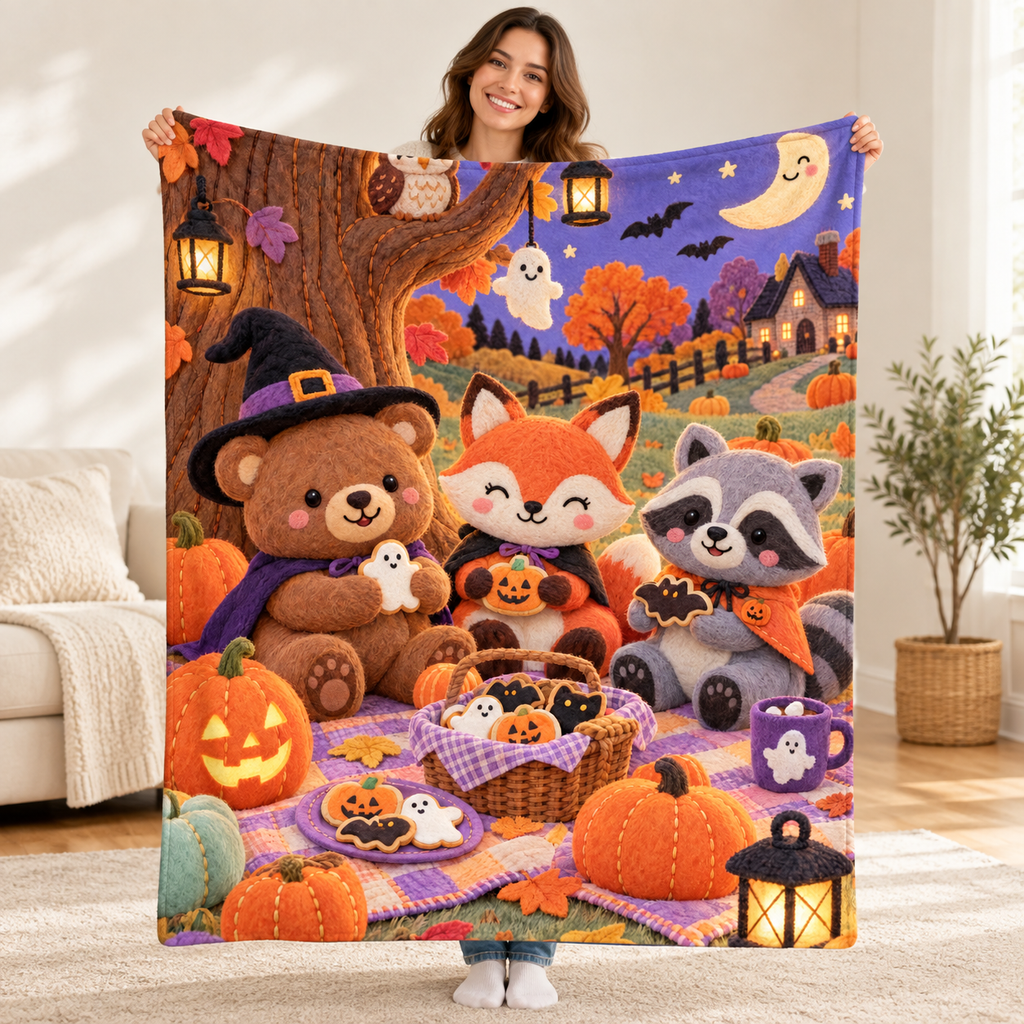 Pumpkin Picnic blanket, held open