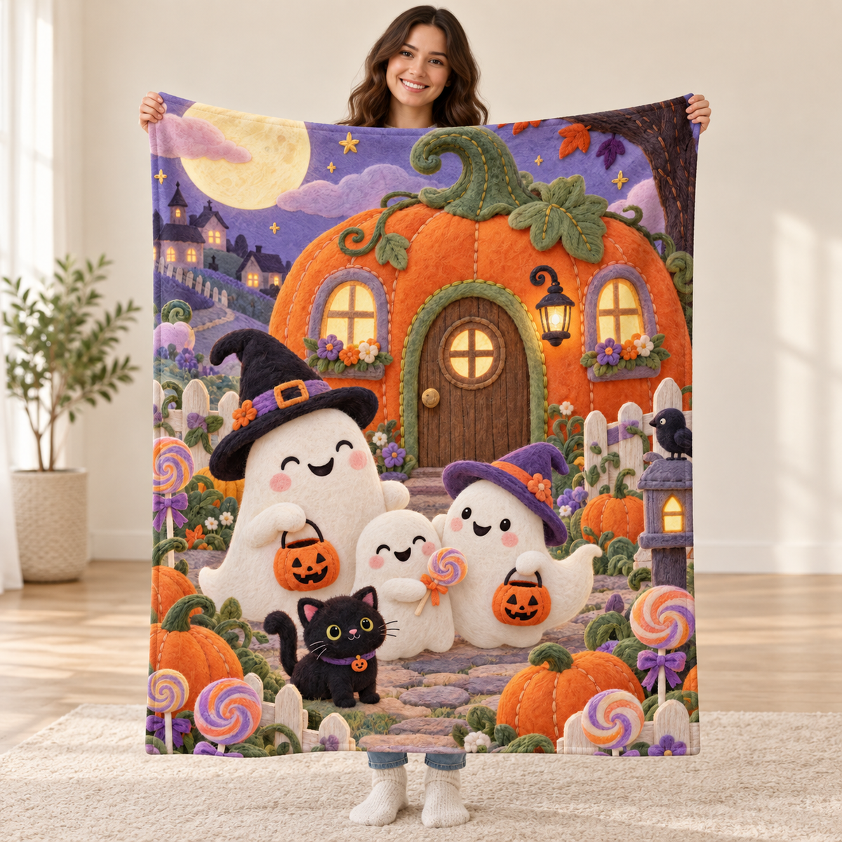 Candy Cottage blanket, held open