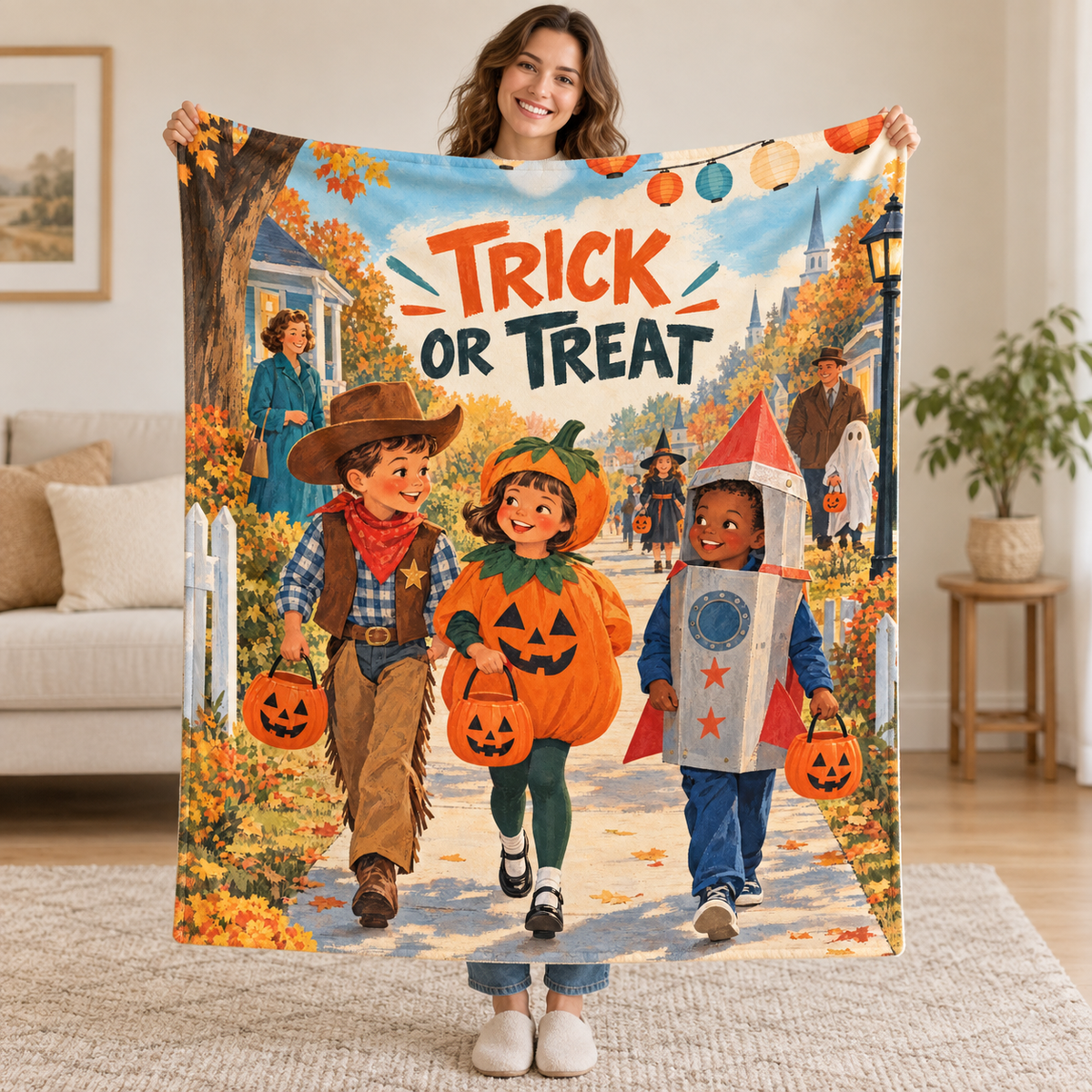 Trick or Treat blanket, held open