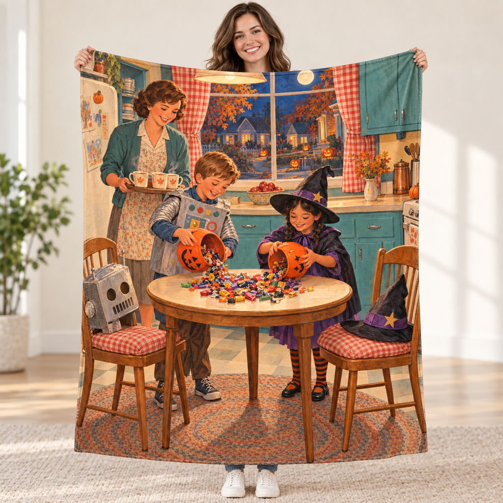 Halloween Kitchen Homecoming blanket, held open