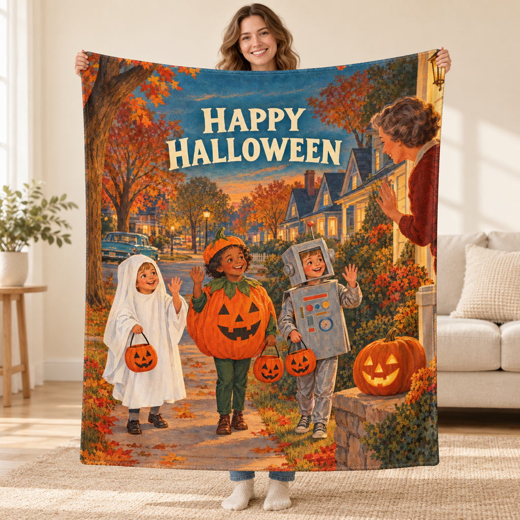 Happy Halloween Neighbors blanket, held open