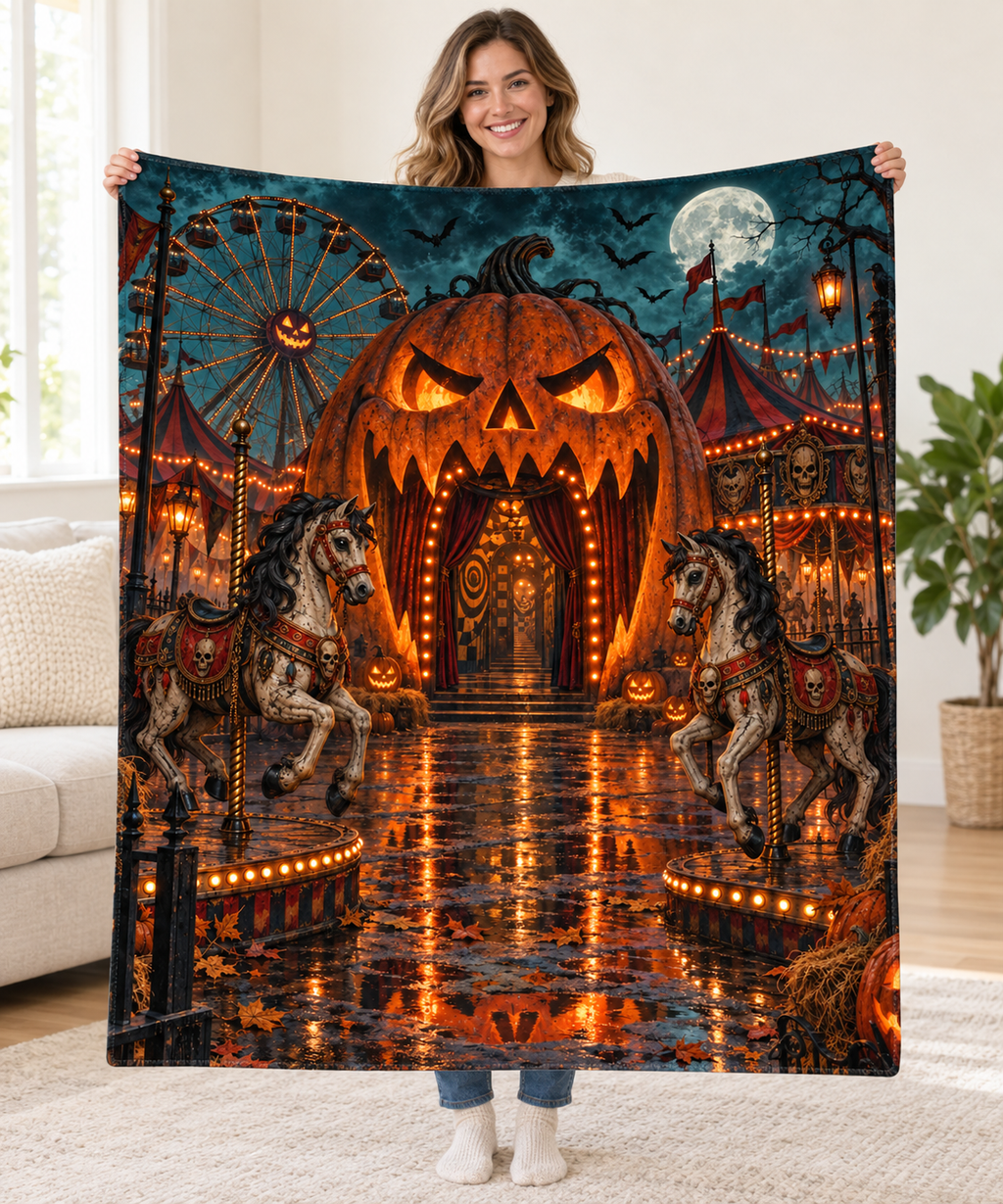 Pumpkin Funhouse blanket, held open