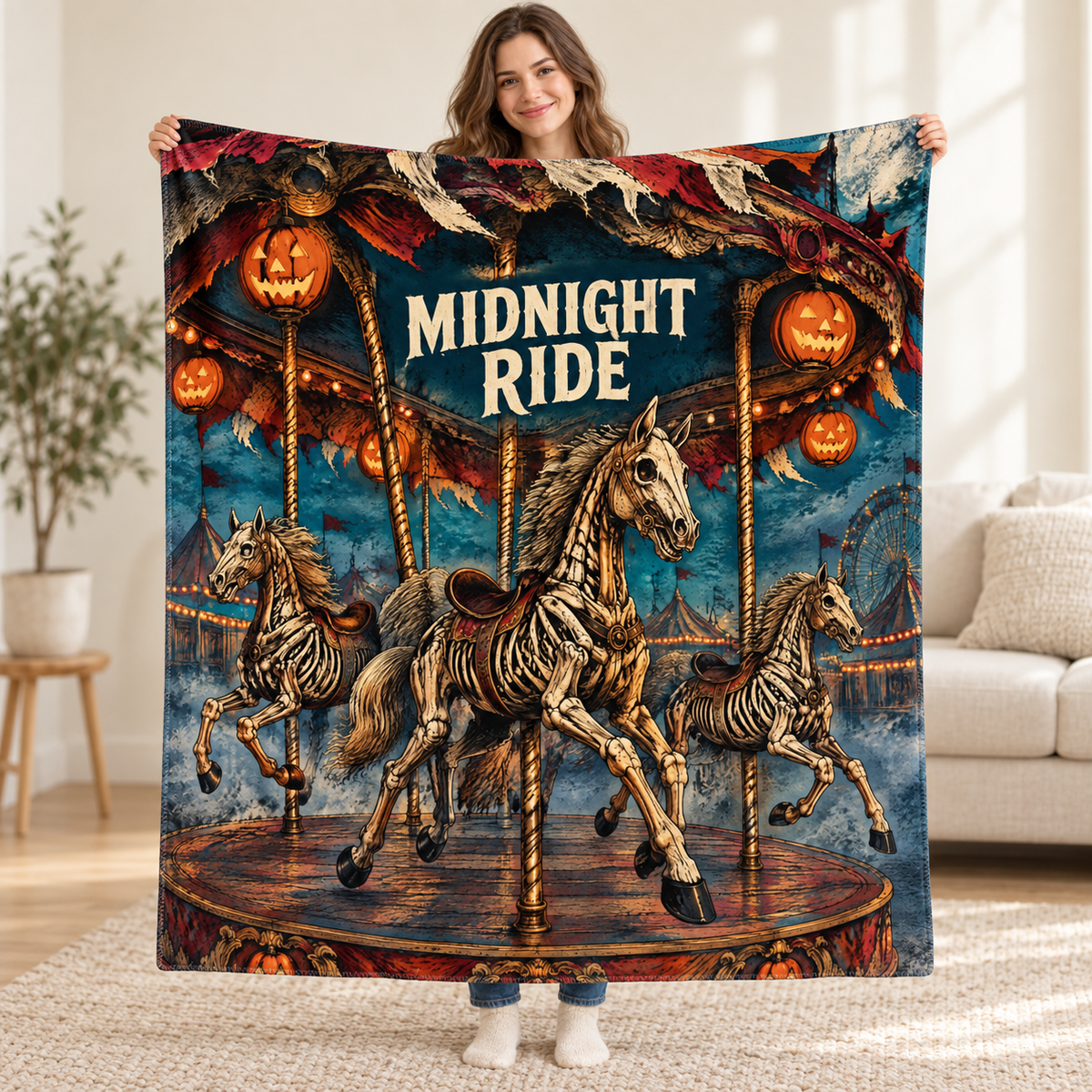 Midnight Carousel blanket, held open