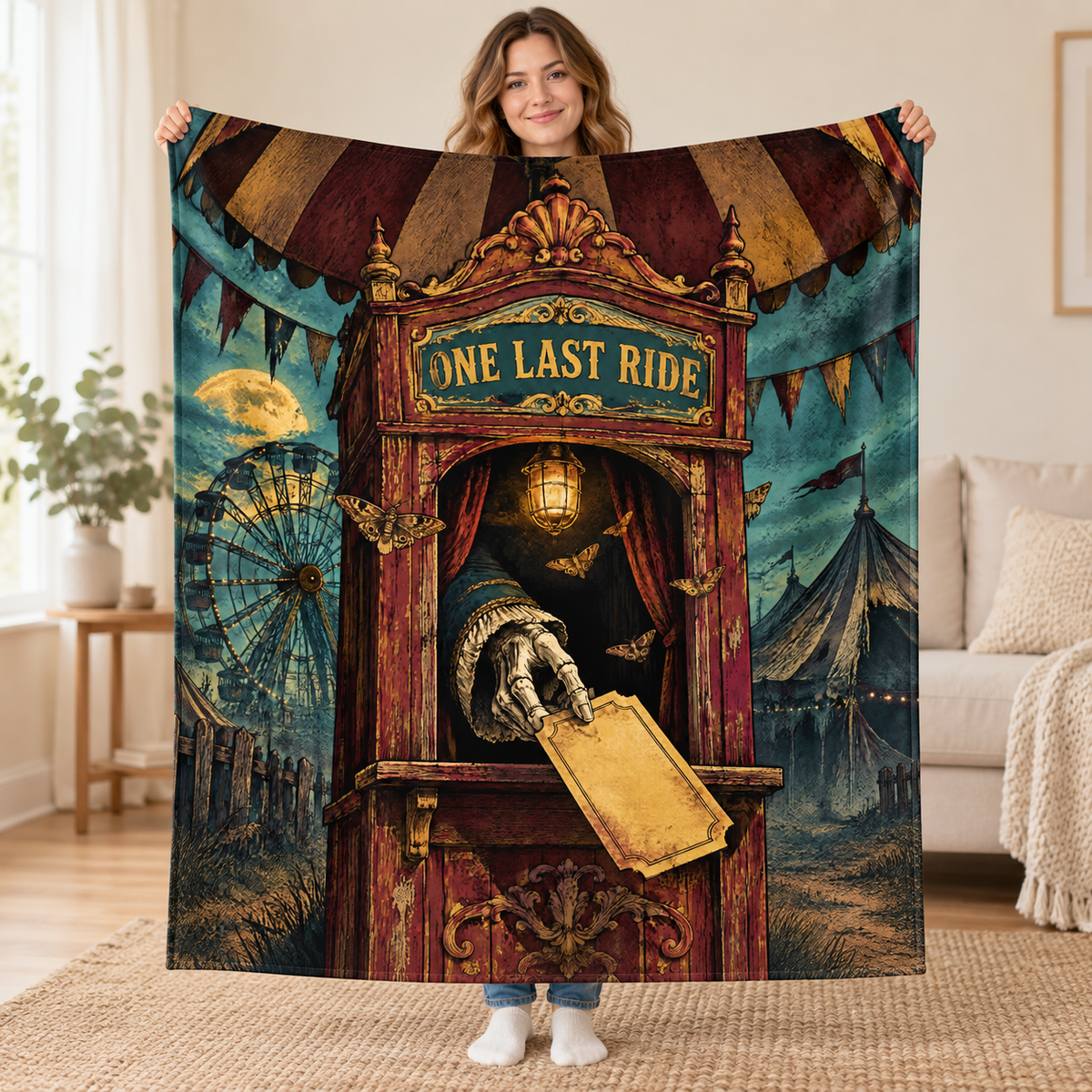 The Last Ticket blanket, held open