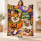 Pumpkin Pup Parade blanket, held open