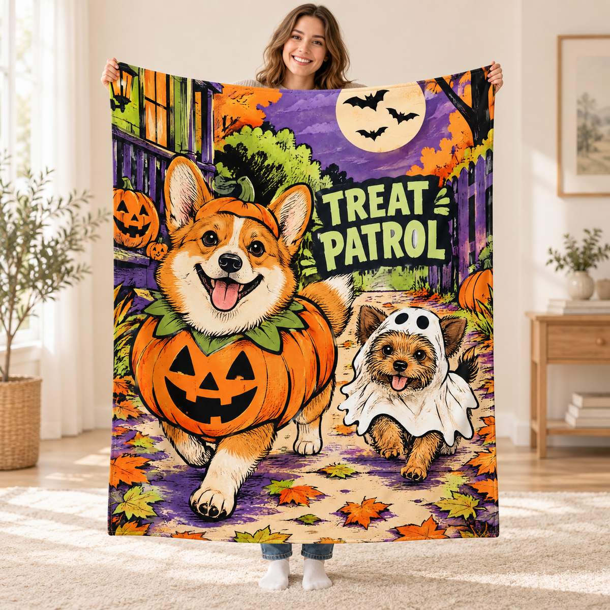 Pumpkin Pup Parade blanket, held open