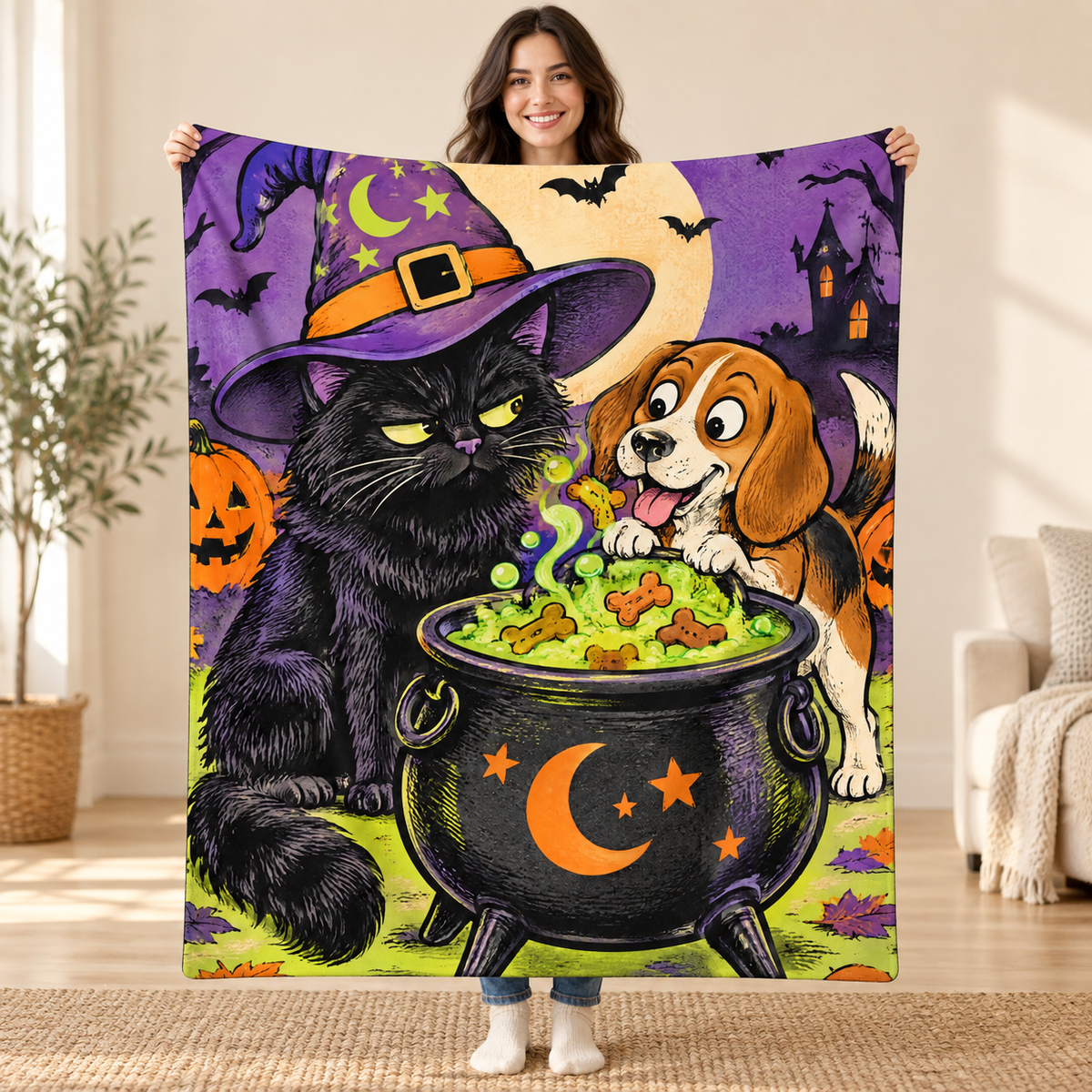 Cat and the Cauldron blanket, held open