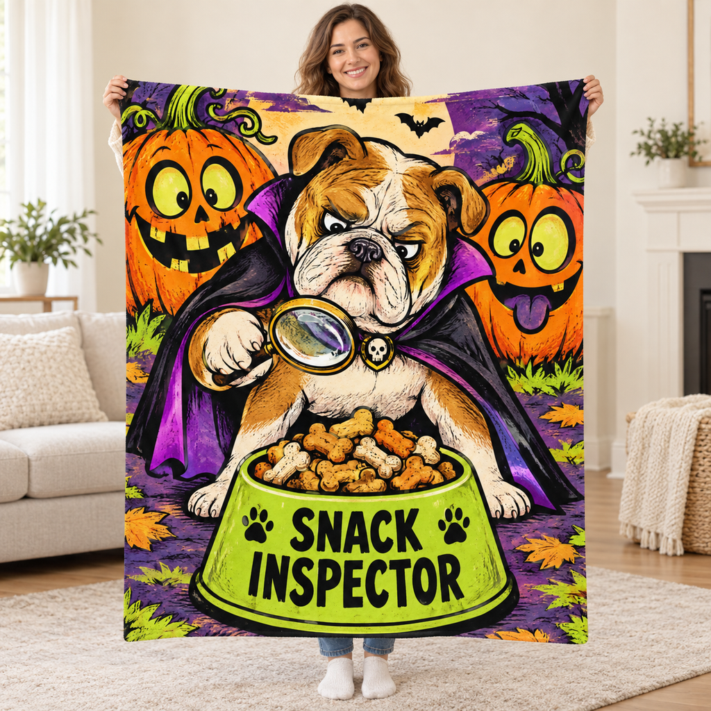 Spooky Snack Inspector blanket, held open