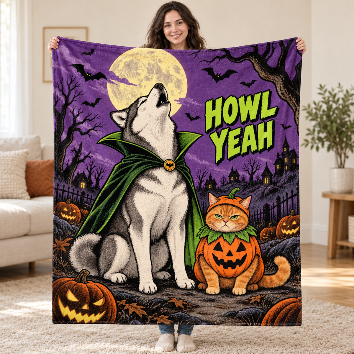 Howling Costume Club blanket, held open