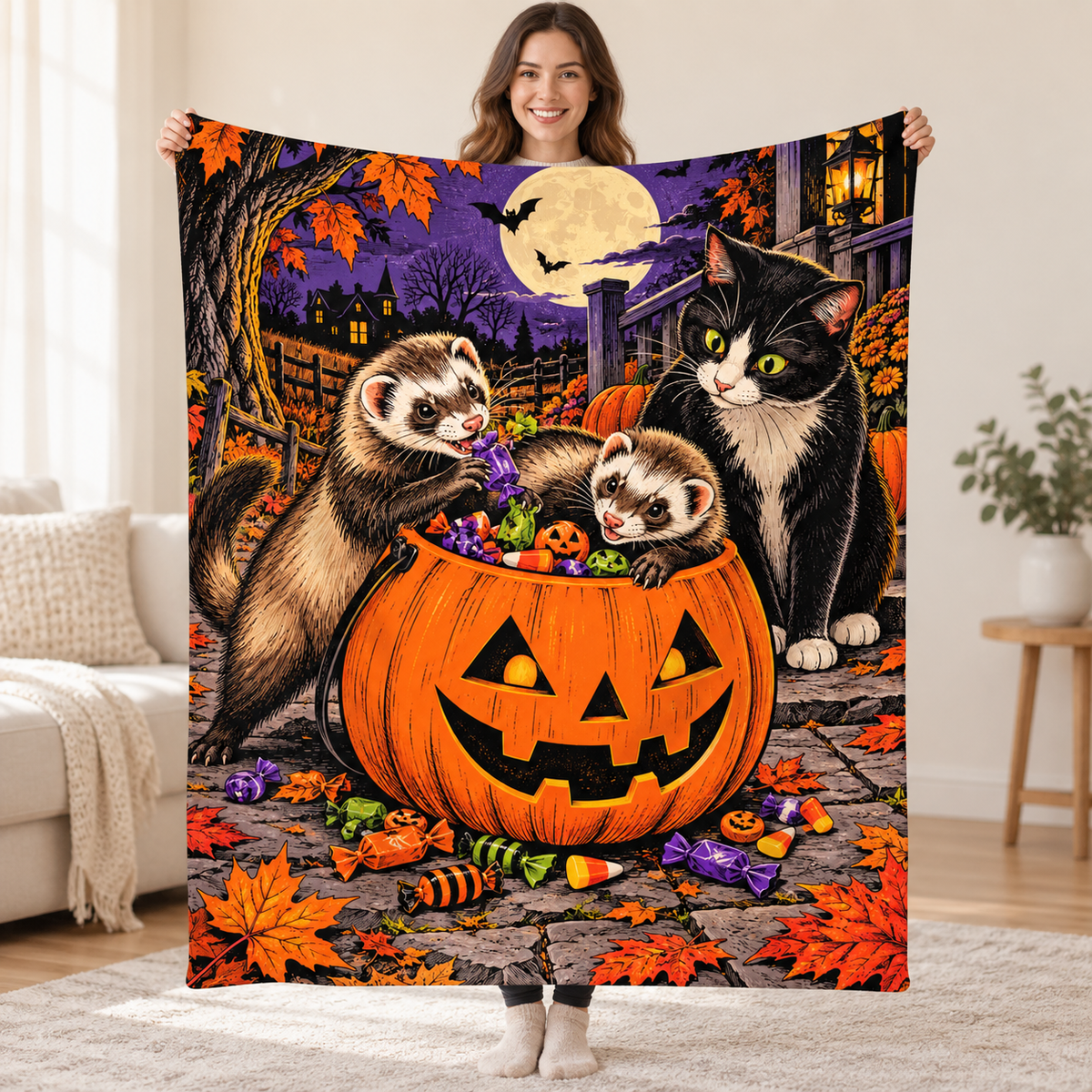 Ferret Pumpkin Caper blanket, held open