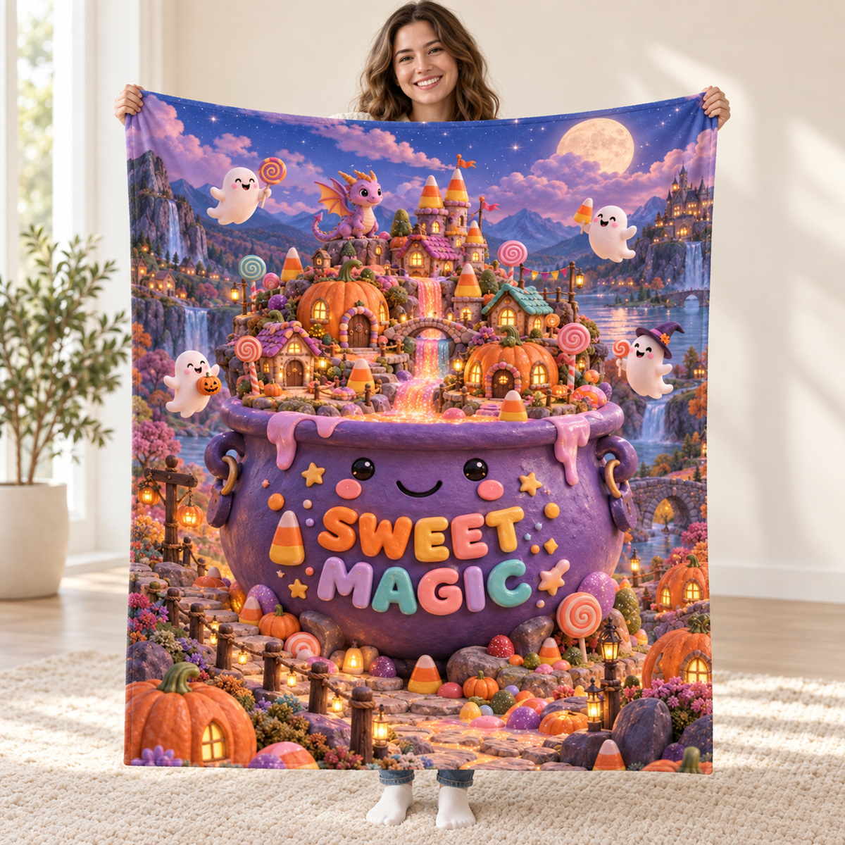 Cauldron Candy Village blanket, held open